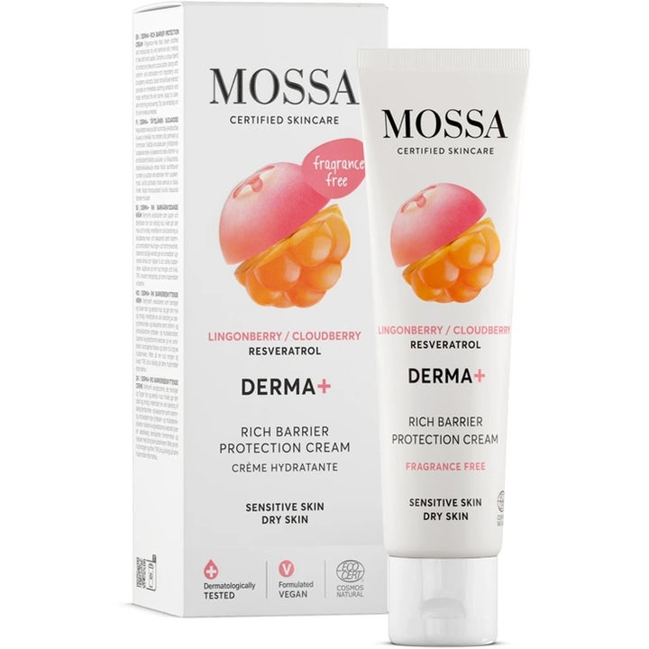 Mossa Derma+ Rich Barrier Protection Cream 50 ml hajusteeton kasvovoide valkoisessa tuubissa ja pakkauksessa.