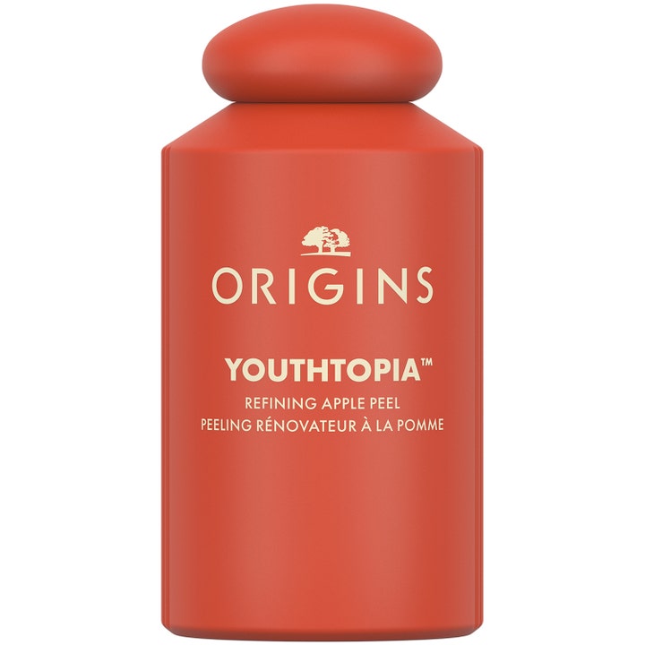 Origins Youthtopia Refining Apple Peel ihoa silottava omenakuorinta punaisessa pullossa pyöreällä korkilla