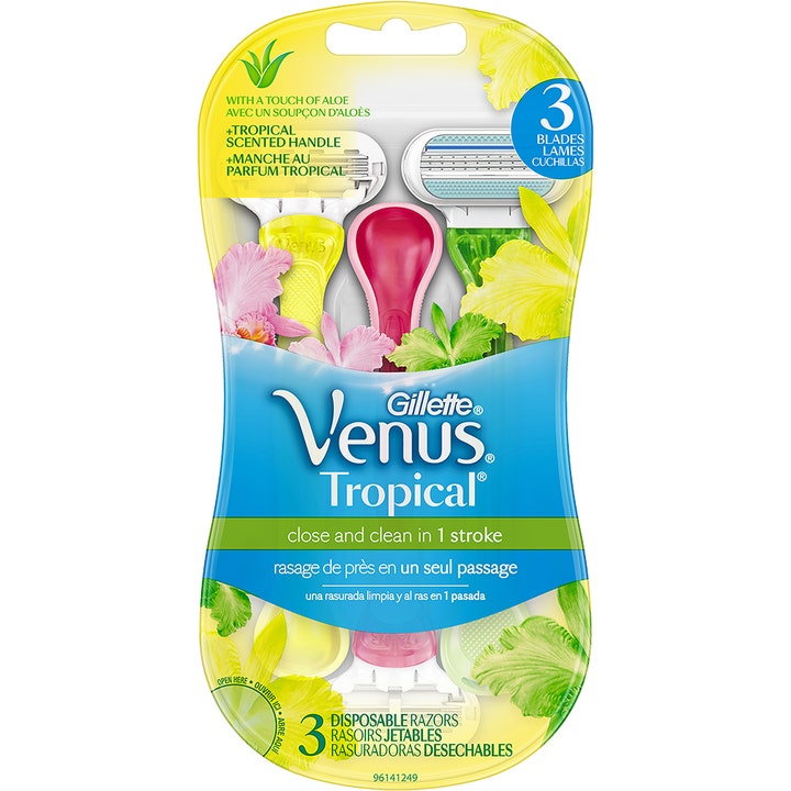 Gillette Venus Tropical 3 kpl kertakäyttöiset höylät sileään ajoon värikkäillä keltaisilla ja vaaleanpunaisilla varsilla.
