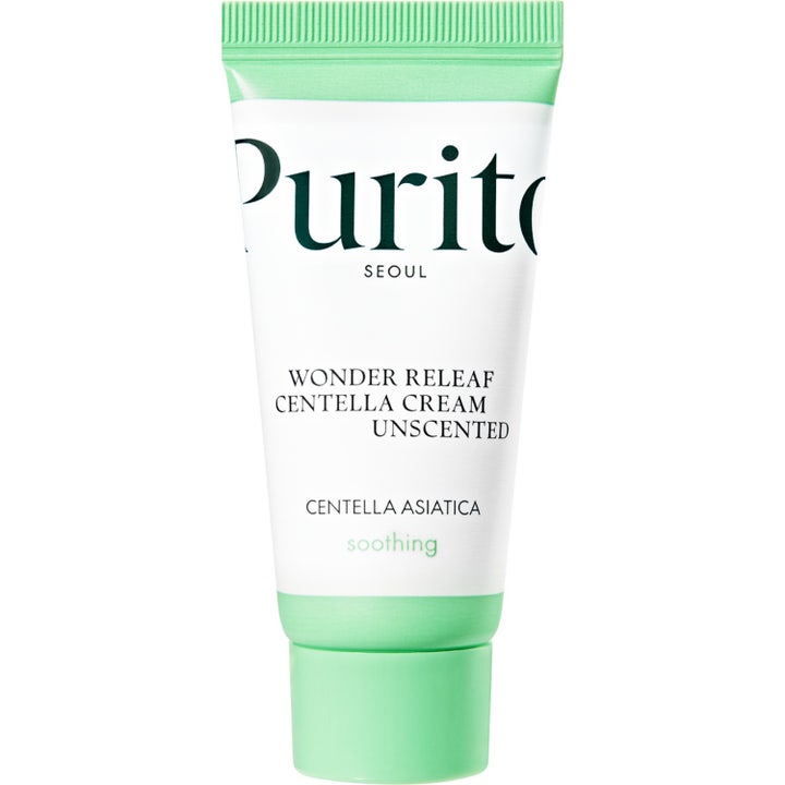 Purito Seoul Wonder Releaf Centella Cream Unscented rauhoittava kasvovoide valkoisessa tuubissa vihreällä korkilla.
