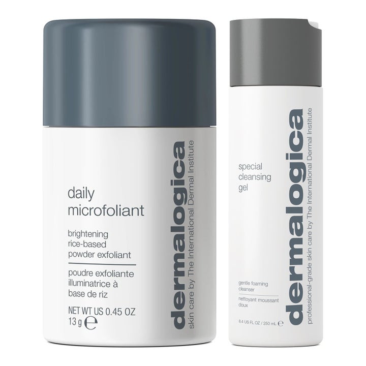 Dermalogica Special Cleansing Gel ja Daily Microfoliant puhdistava ja kirkastava setti valkoisissa pakkauksissa.