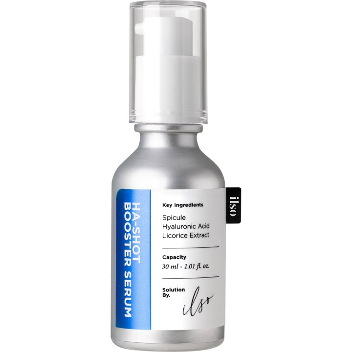ilso HA-SHOT Booster Serum 30 ml kosteuttava seerumi hyaluronihapolla hopeisessa pullossa valkoisella pumpulla.