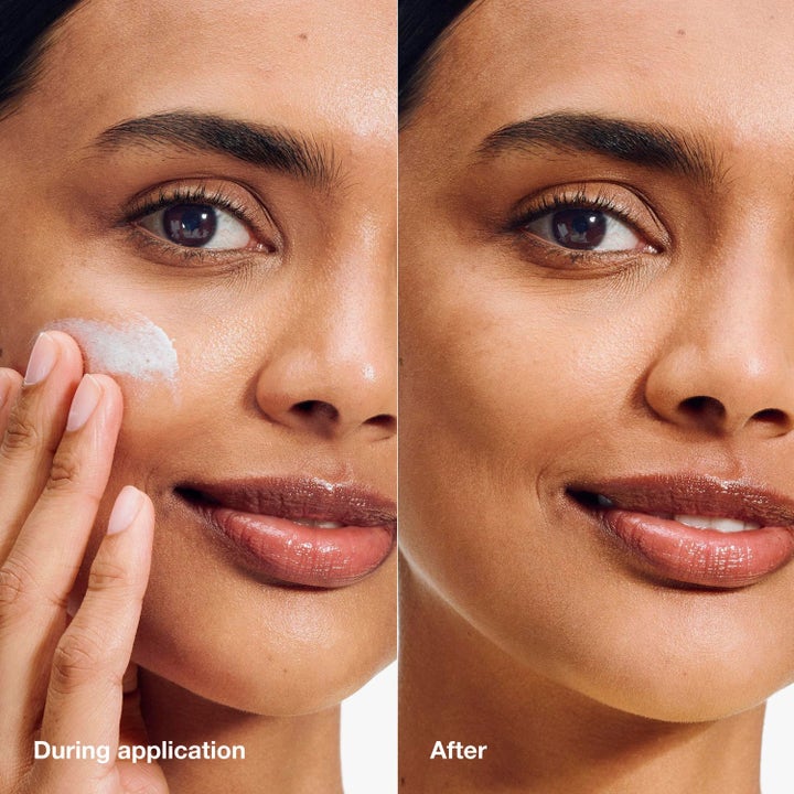 Clinique Mattifying Protection 90 ml aurinkosuoja levitysvaiheessa ja mattaisena lopputuloksena iholla.
