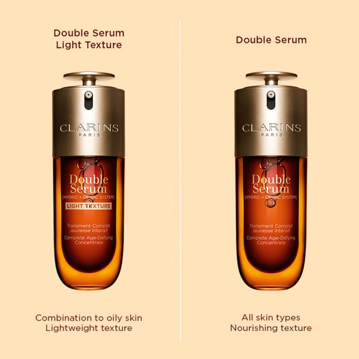 Clarins Double Serum Light Texture 30 ml vertailussa alkuperäisen seerumin kanssa rinnakkain.