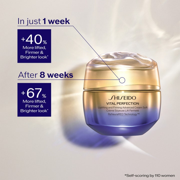 Shiseido Vital Perfection Advanced Soft Cream 50 ml kiinteyttävä päivävoide kultaisessa purkissa +40% ja +67% tuloksin