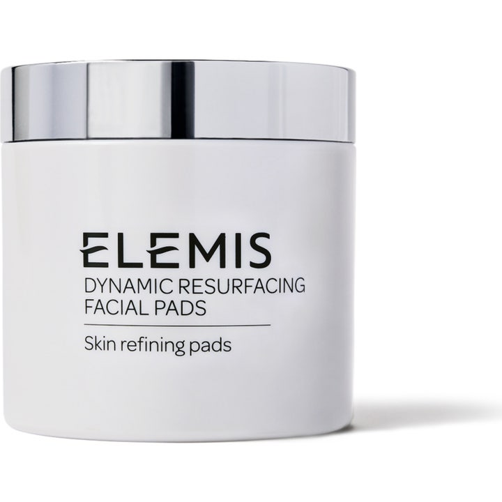 Elemis Dynamic Resurfacing Facial Pads 60 kpl silottavat kuorintalaput valkoisessa purkissa jossa on hopeinen korkki