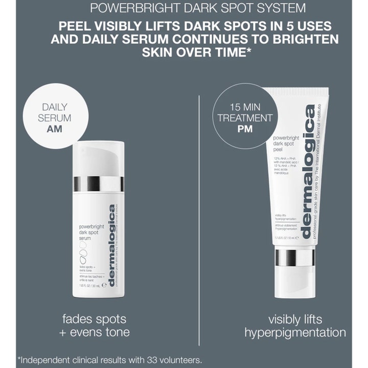 Dermalogica PowerBright Dark Spot System 30 ml ja 50 ml kirkastava pumppupullo ja tuubi häivyttävät läiskiä.