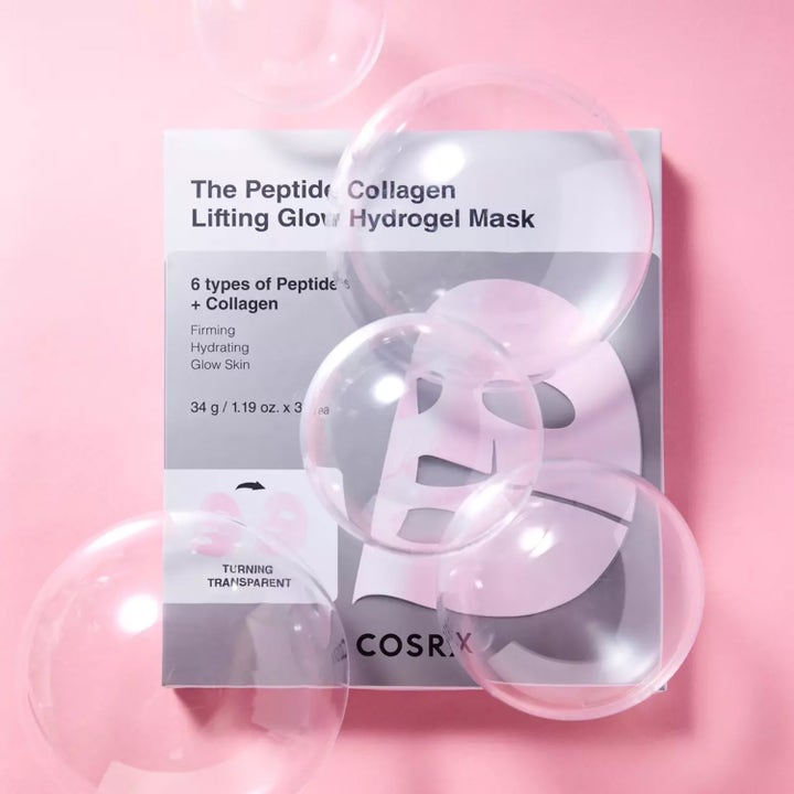 COSRX Peptide Glow Hydrogel Mask 3 kpl kiinteyttävä kasvonaamio pakkaus ja läpinäkyviä kuplia