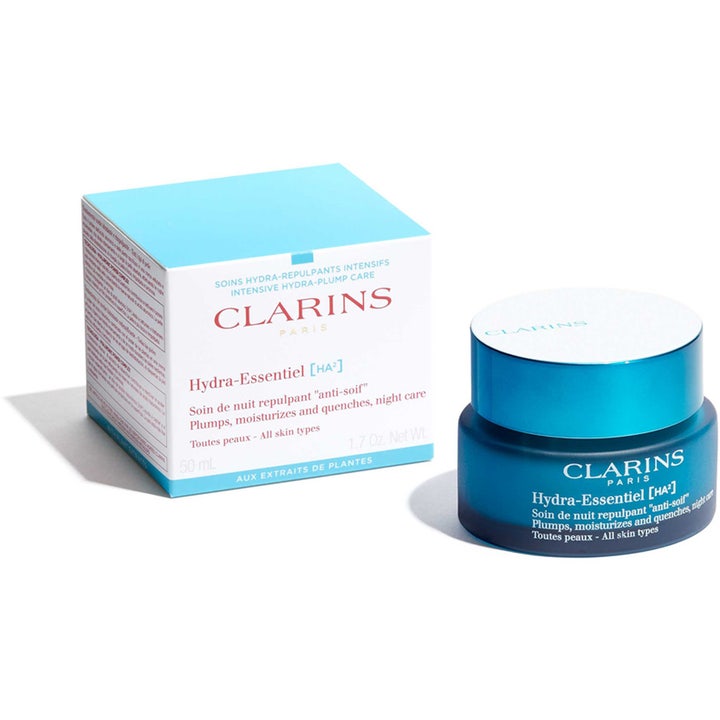 Clarins Hydra-Essentiel 50 ml kosteuttava yövoide sinisessä lasipurkissa ja vaaleansinisessä pakkauksessa.