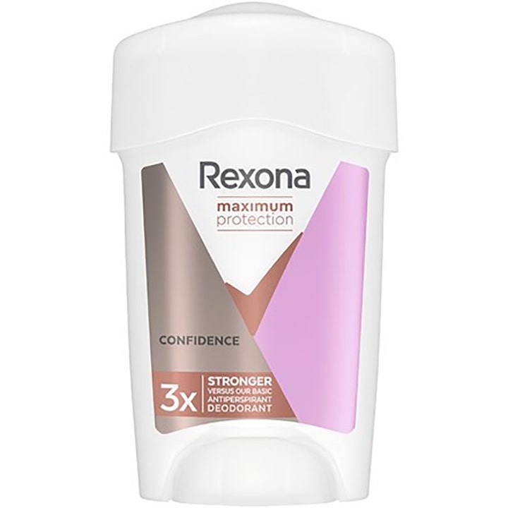 Rexona Maximum Protection Confidence 45 ml antiperspirantti antaa vahvan suojan valkoisessa pinkki-harmaassa stick-pakkauksessa.