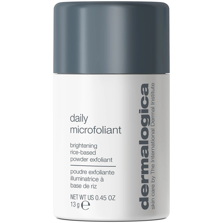 Dermalogica Daily Microfoliant 13 g kirkastava kuorintajauhe valkoisessa muovipullossa jossa on harmaa korkki