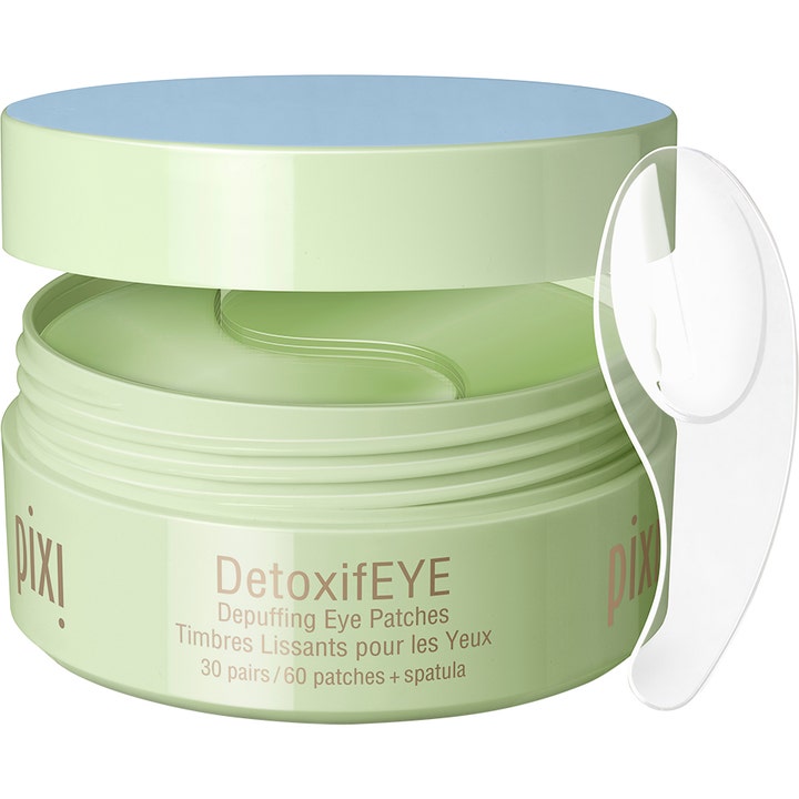 Pixi DetoxifEYE 30 paria turvotusta vähentävät silmänympäryslaput vaaleanvihreässä purkissa ja läpinäkyvä spaatteli