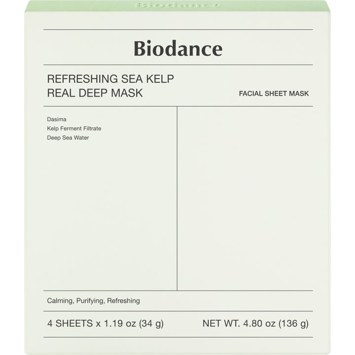 Biodance Refreshing Sea Kelp Real Deep Mask 4 kpl virkistävä kangasmaski vaaleanvihreässä pakkauksessa.