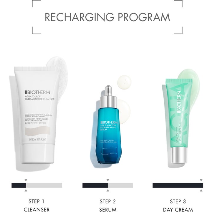 Biotherm Aquasource Hyaluplump Gel 30 ml kosteuttava päivävoide osana kolmivaiheista ihonhoitorutiinia.