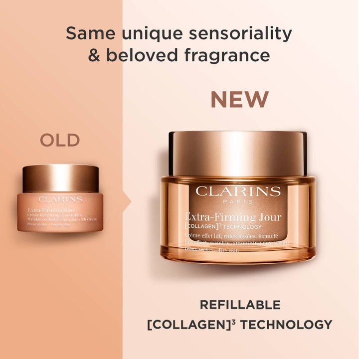 Clarins Extra-Firming Jour 50 ml silottava päivävoide täytettävässä lasipurkissa jossa on Collagen 3 teknologia
