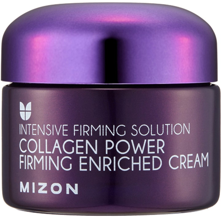 Mizon Collagen Power Firming Enriched Cream kiinteyttävä kasvovoide tyylikkäässä violetissa purkissa kiiltävällä kannella.