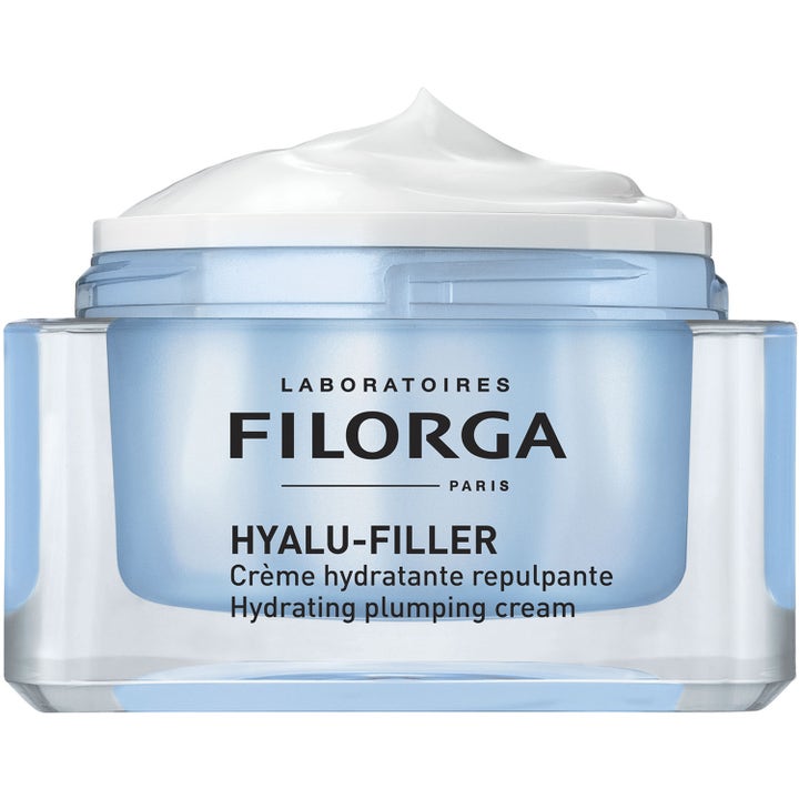 Filorga Hyalu-Filler Cream 50 ml kosteuttava ja täyteläistävä kasvovoide avatussa lasipurkissa, jossa on valkoinen voide