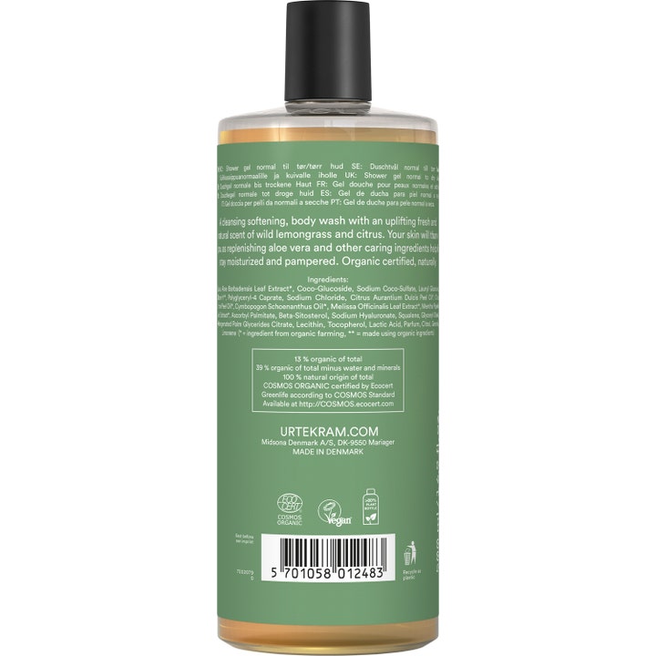 Urtekram Wild Lemongrass Body Wash 500 ml suihkusaippua pullon kääntöpuoli ainesosaluettelolla ja sertifikaateilla.