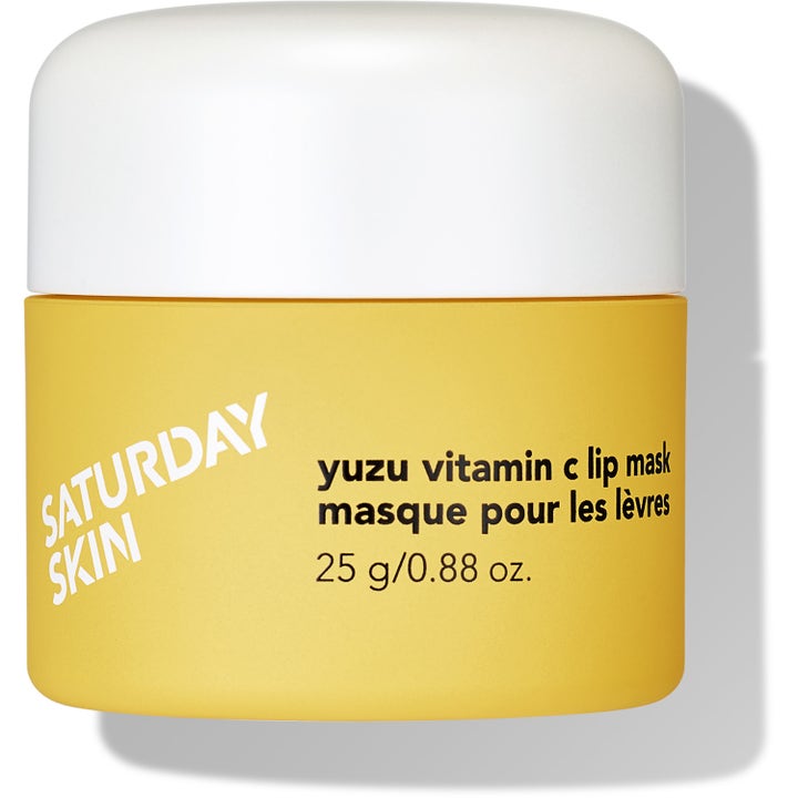 Saturday Skin Yuzu Vitamin C Lip Mask 25 g kirkastava huulinaamio keltaisessa purkissa valkoisella kannella.