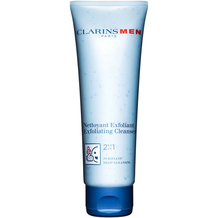 ClarinsMen Exfoliating Cleanser 125 ml syväpuhdistava kuorintageeli vaaleansinisessä tuubissa, jossa näkyy rakeita.