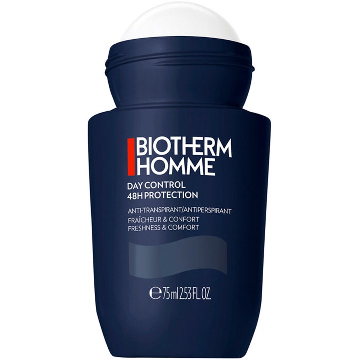 Biotherm Homme Day Control 12 x 75 ml antiperspirantti antaa 48h suojan tummansinisessä roll-on-pullossa.