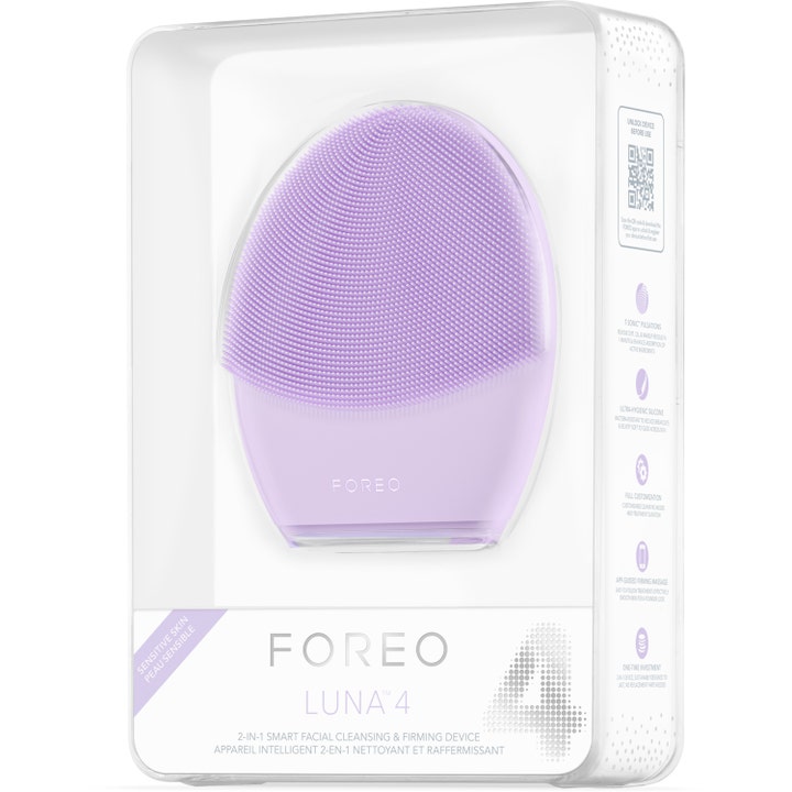 FOREO LUNA 4 Sensitive Skin 1 kpl lila kasvojenpuhdistuslaite läpinäkyvässä myyntipakkauksessa.