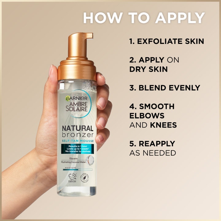 Garnier Ambre Solaire Natural Bronzer 200 ml itsestäänruskettava mousse ja vaiheittaiset käyttöohjeet.