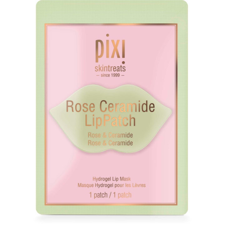 Pixi Rose Ceramide Lip Patch 1 kpl kosteuttava huulinaamio vaaleanpunaisessa pussissa jossa on huulten muotoinen kuvio