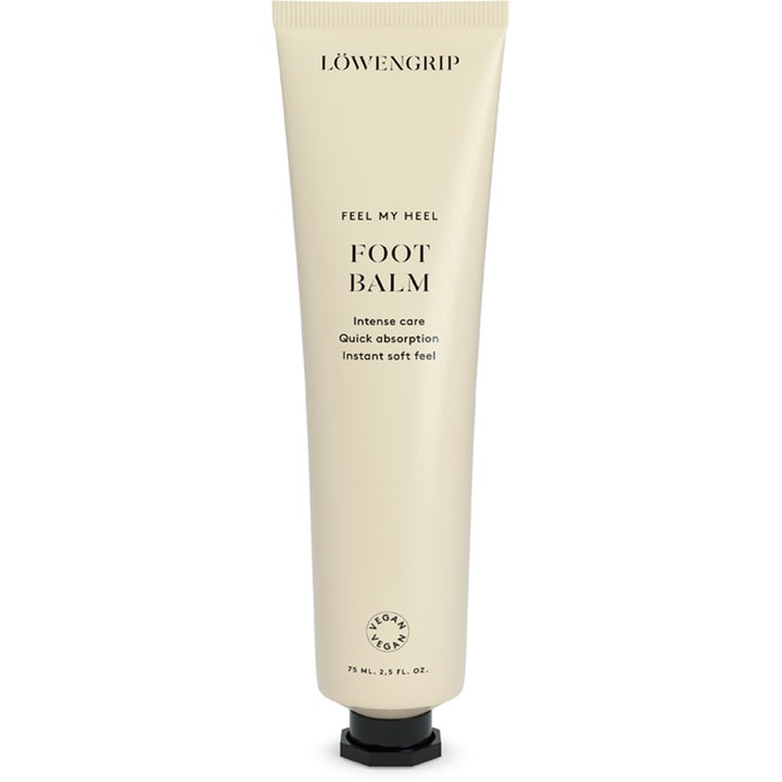 Löwengrip Feel My Heel Foot Balm 75 ml intensiivisesti hoitava jalkavoide vaaleassa tuubissa jossa on musta korkki