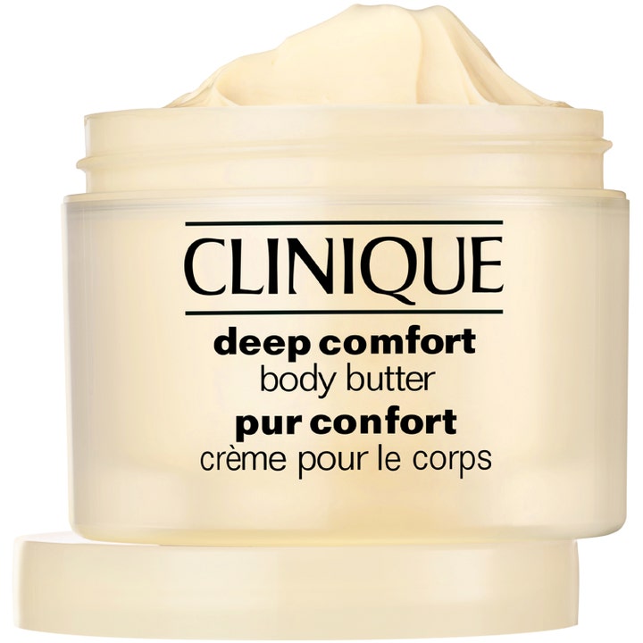 Clinique Deep Comfort Body Butter 200 ml kosteuttava vartalovoie avatussa purkissa, josta näkyy kermainen koostumus