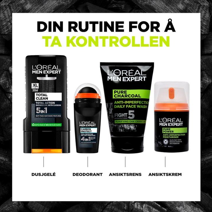 L'Oréal Paris Men Expert Pure Charcoal 100 ml puhdistusgeeli osana neljän tuotteen mustaa ihonhoitorutiinia miehille