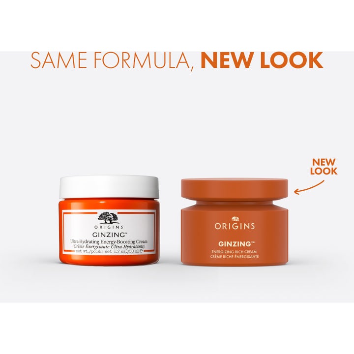 Origins GinZing Energizing Rich Cream 50 ml energisoiva kasvovoide esillä uudessa ja vanhassa oranssissa pakkauksessa.