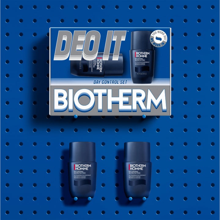 Biotherm Duo Deo Day Control 48H Set 150 ml miesten deodorantti pakkauksessa ja kaksi roll-on-pulloa.