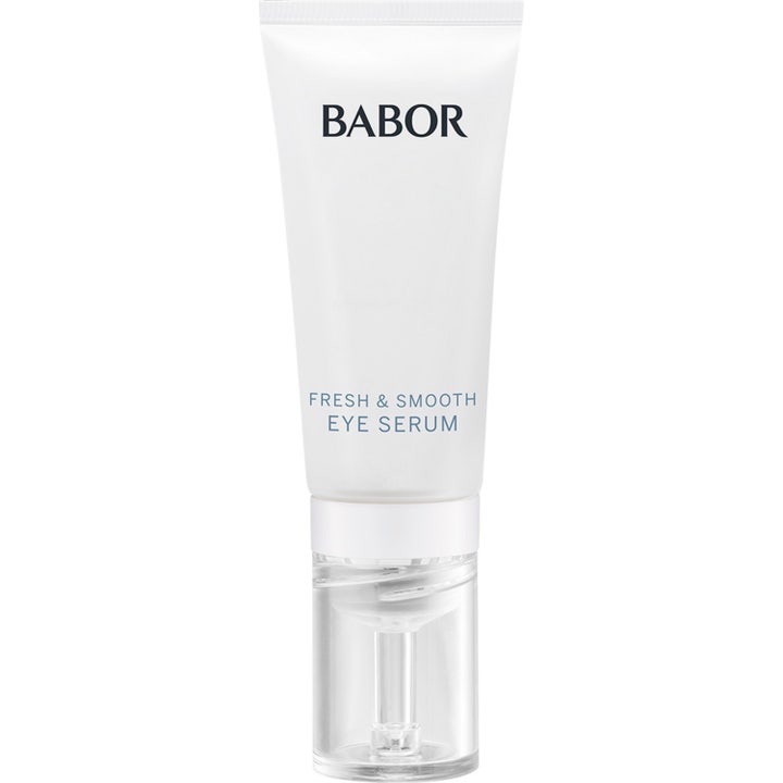 Babor Fresh & Smooth Eye Serum 15 ml virkistävä silmänympärysseerumi valkoisessa tuubissa kirkkaalla levityspäällä.