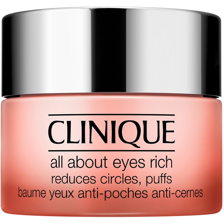 Clinique All About Eyes Rich 15 ml silmänympärysvoide vähentää turvotusta persikanvärisessä huurteisessa lasipurkissa.
