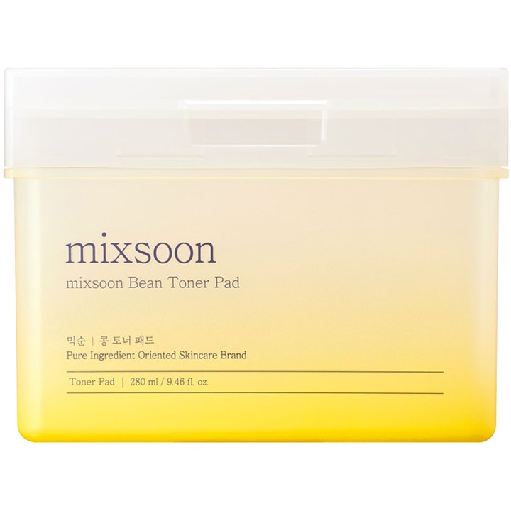 mixsoon Bean Toner Pad 280 ml silottavat kasvovesi-laput keltaisessa liukuvärjätyssä rasiassa kirkkaalla kannella