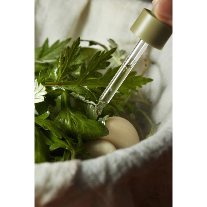 I'm from Mugwort Serum 30 ml rauhoittava seerumi pipetti tiputtaa kirkasta nestettä tuoreille pujonlehdille.