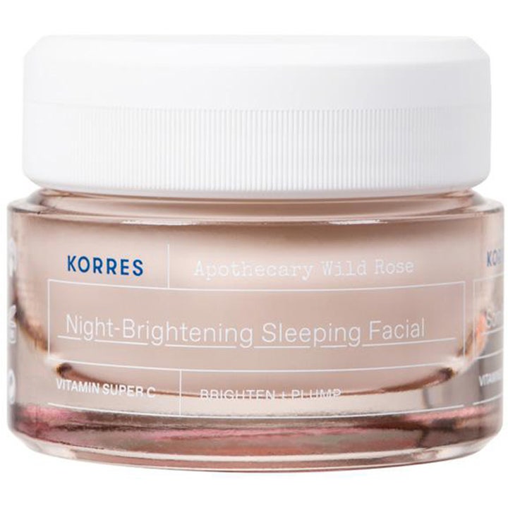 Korres Apothecary Wild Rose Night-Brightening Sleeping Facial 40 ml heleyttävä yövoide vaaleanpunaisessa lasipurkissa