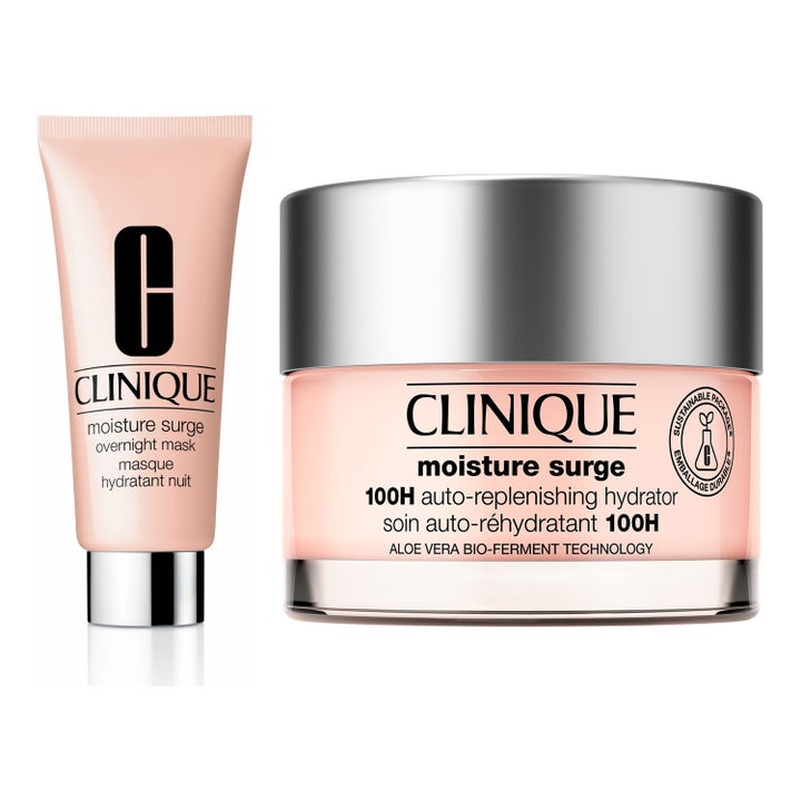 Clinique Moisture Surge 100H ja Overnight Mask kosteuttava setti persikanvärisessä lasipurkissa ja tuubissa hopeakorkein