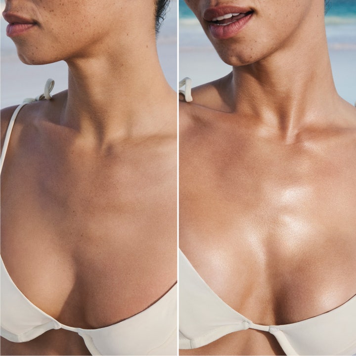 Sol de Janeiro Copacabana Bronze Glow Oil 75 ml vartaloöljy luo hehkuvan lopputuloksen iholle ennen ja jälkeen kuvassa.
