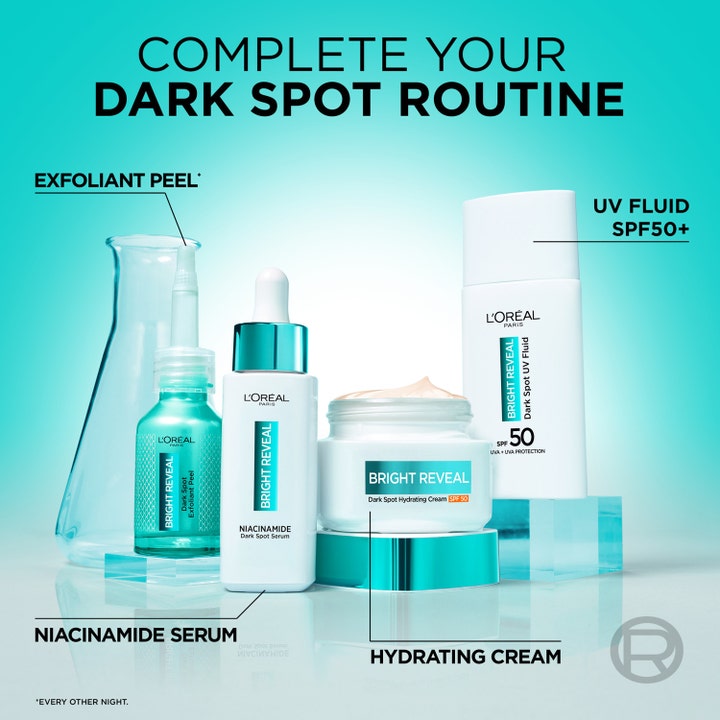 L'Oréal Paris Bright Reveal Niacinamide Serum 30 ml osana pigmenttiläiskiä häivyttävää rutiinia, jossa SPF 50+ -suoja.