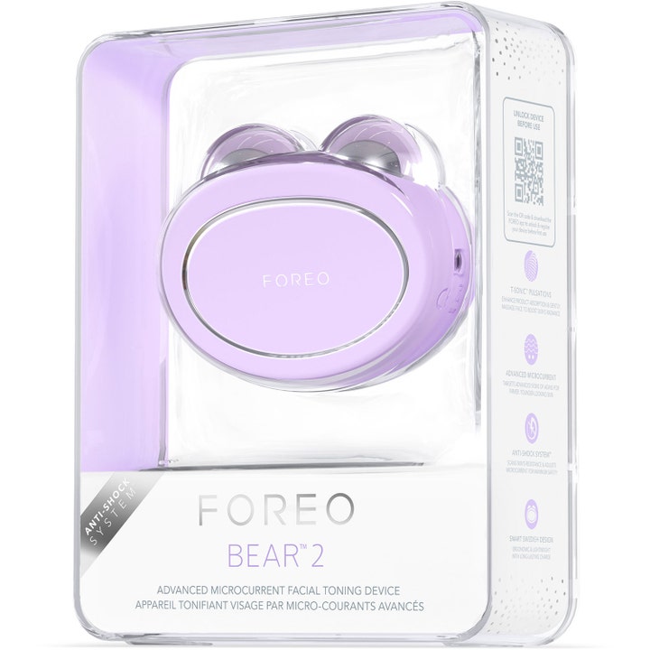 FOREO BEAR 2 Lavender 1 kpl kiinteyttävä mikrovirtalaite läpinäkyvässä myyntipakkauksessa.