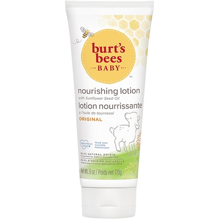 Burt's Bees Baby Nourishing Lotion 170 g ravitseva vartalovoide vauvalle valkoisessa tuubissa jossa on lammaskuvio