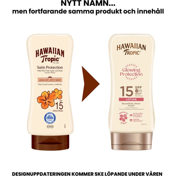 Hawaiian Tropic Tanning Favorites SPF 15 aurinkovoide uudessa ja vanhassa pakkauksessa hehkua iholle