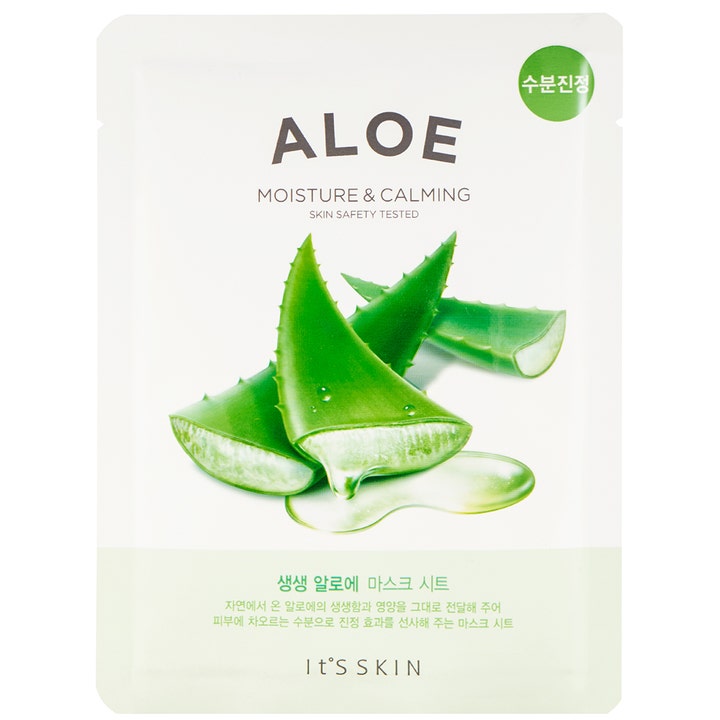 It'S SKIN Aloe Moisture & Calming 1 kpl kosteuttava kangasmaski valkoisessa pakkauksessa jossa on vihreitä aloe veran lehtiä.