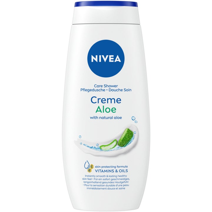 Nivea Creme Aloe 250 ml kosteuttava suihkugeeli valkoinen pullo sinisellä korkilla ja aloe vera -kuvituksella.