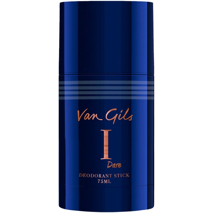 Van Gils I Dare 75 ml deodoranttipuikko antaa raikkautta tummansinisessä pakkauksessa kuparinvärisin yksityiskohdin.