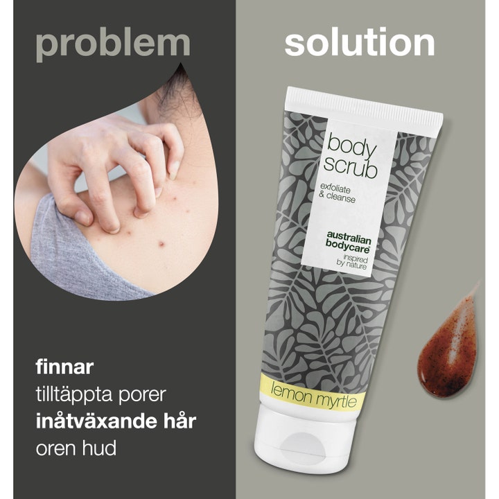 Australian Bodycare Body Scrub Lemon Myrtle 200 ml puhdistava vartalokuorinta epäpuhtauksille ja ruskea tekstuurinäyte.