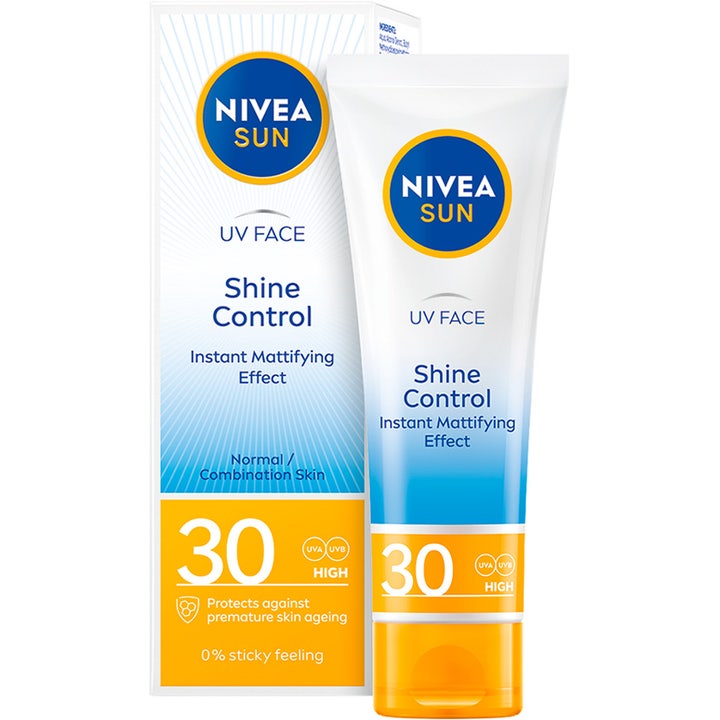 NIVEA Sun Face Shine Control Cream 50 ml mattaava aurinkovoide SPF 30 valkoisessa tuubissa ja pakkauksessa.