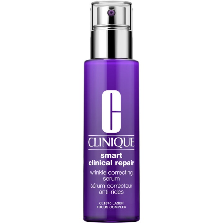 Clinique Smart Clinical Repair Wrinkle Correcting Serum ryppyjä silottava seerumi purppuranvärisessä pumpullisessa pullossa.